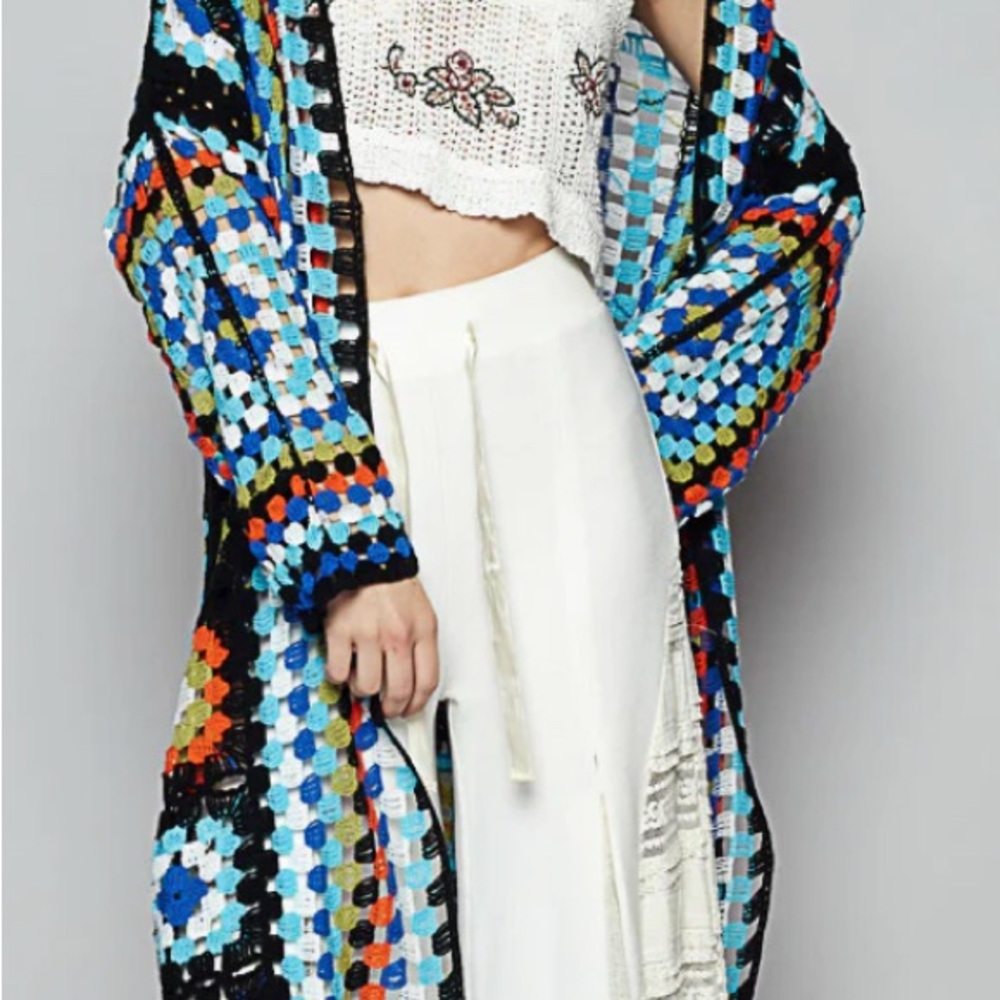 POL black multicolored crochet floor length maxi sweater.